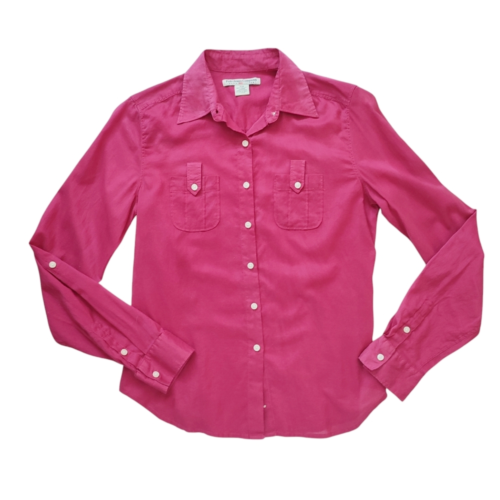 Ralph Lauren Fucsia Pink Button-Up Long Sleeve Shirt 100% Cotton Size M